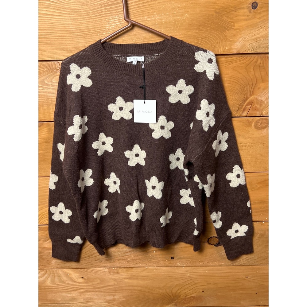 Mimosa Brown Floral Knit Sweater Women's Small Long Sleeve Crew Neck Garden NEW